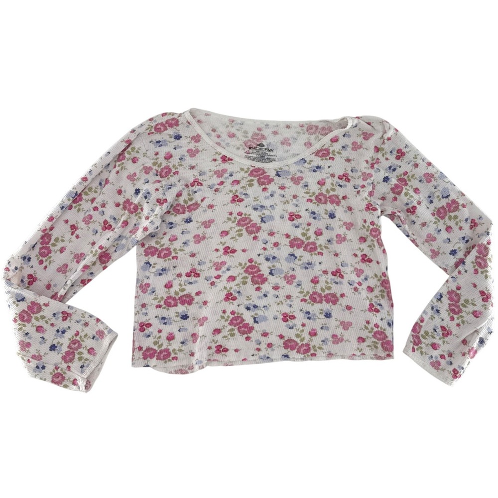 DIY Indera White Floral Print Long Sleeve Thermal Top‎ Size Large Waffle Knit